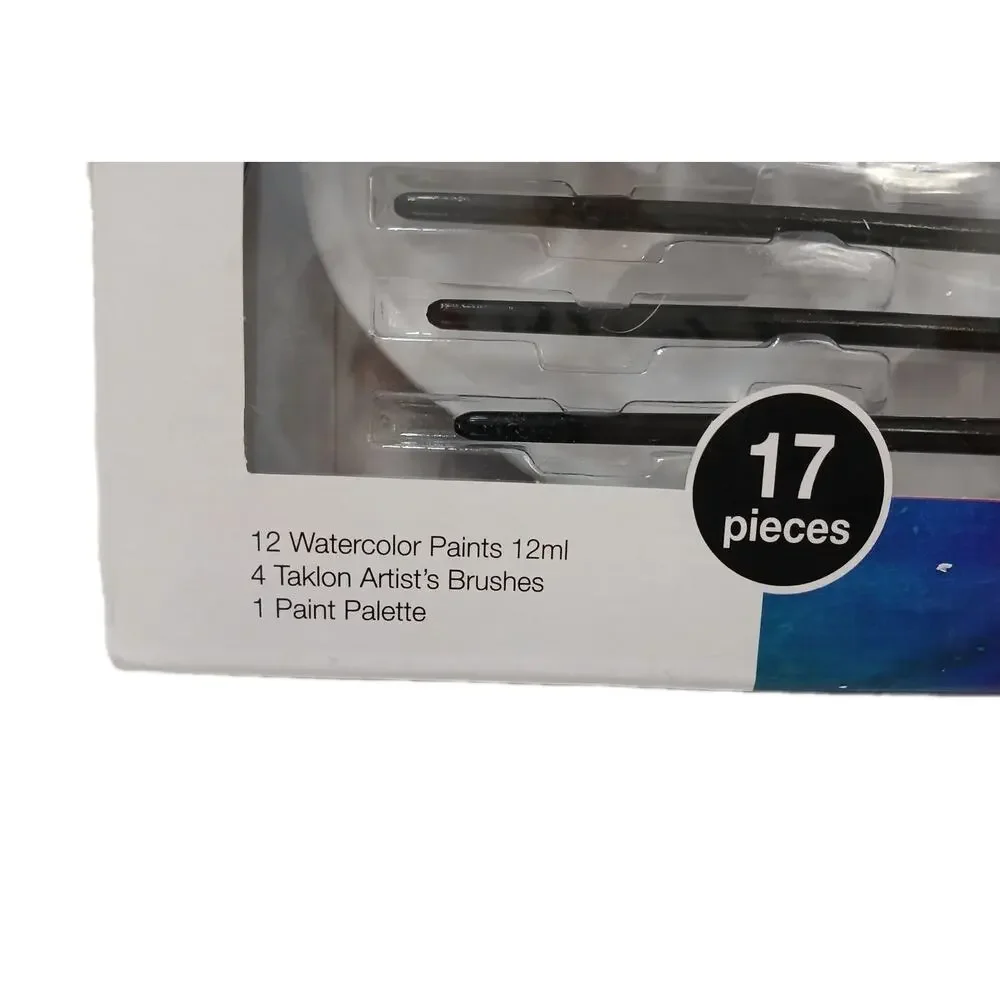 17 Pc WATERCOLOR Tubes Paint Set‎ w 4 Taklon Paint Brushes + Art Palette Value